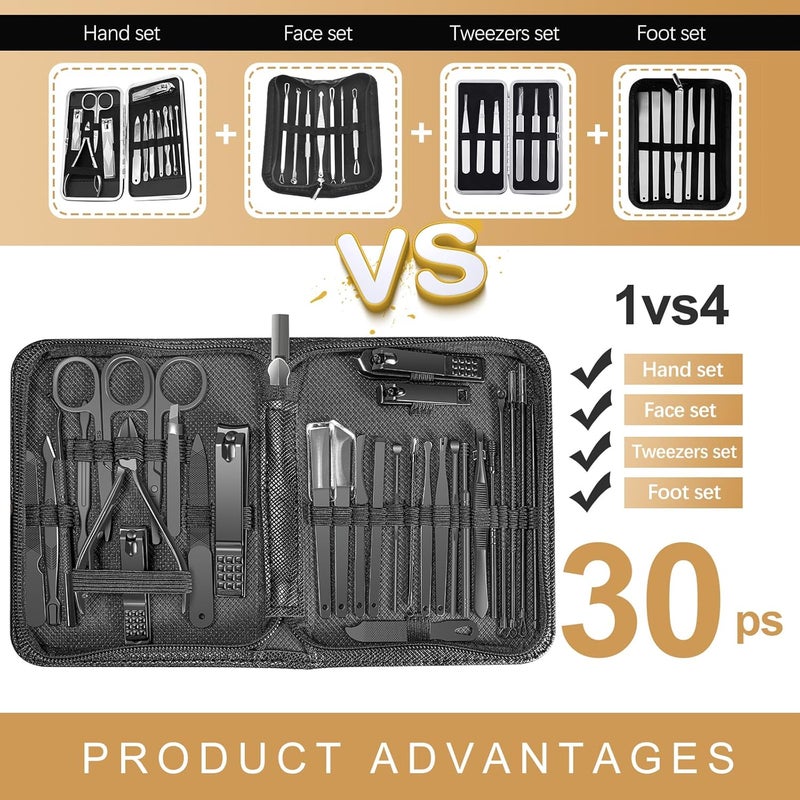 Red Flow Manicure Set 30 in 1 Nail Clipper Set, Nail Clippers,Fingernail & Toenail Clippers,Manicure Tools,Pedicure Tools,Suitable for Travel Manicure Kit (A-Black) - Image 2
